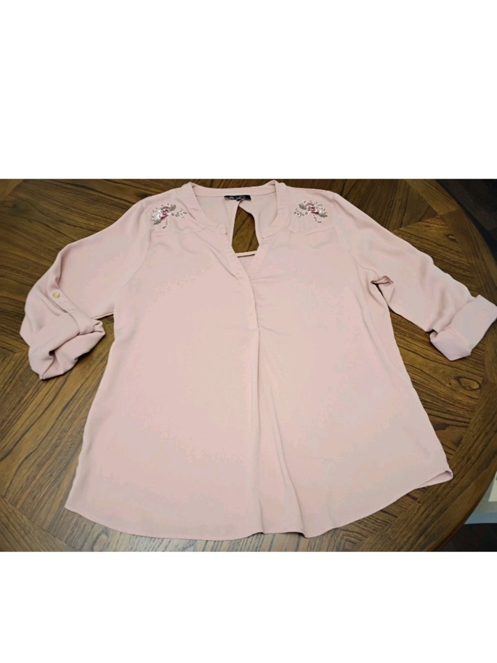Light Pink Embroidered Shoulder Blouse with Keyhole Back